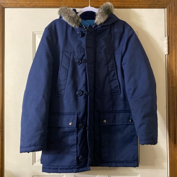 Vintage 60s 70s Sears Best Men’s Store Blue Coat Faux Fur Trim Size Small - Picture 2 of 8